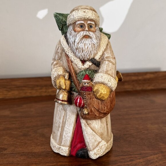 Midwest Woodland Santa Figurine St. Nick Cream Coat w/ Tree on Back Toys Resin - Picture 1 of 10
